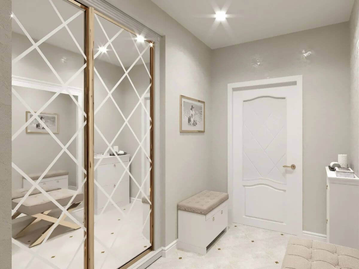 /Белый шкаф-купе в гостиную №51 с матовыми стеклами на заказ